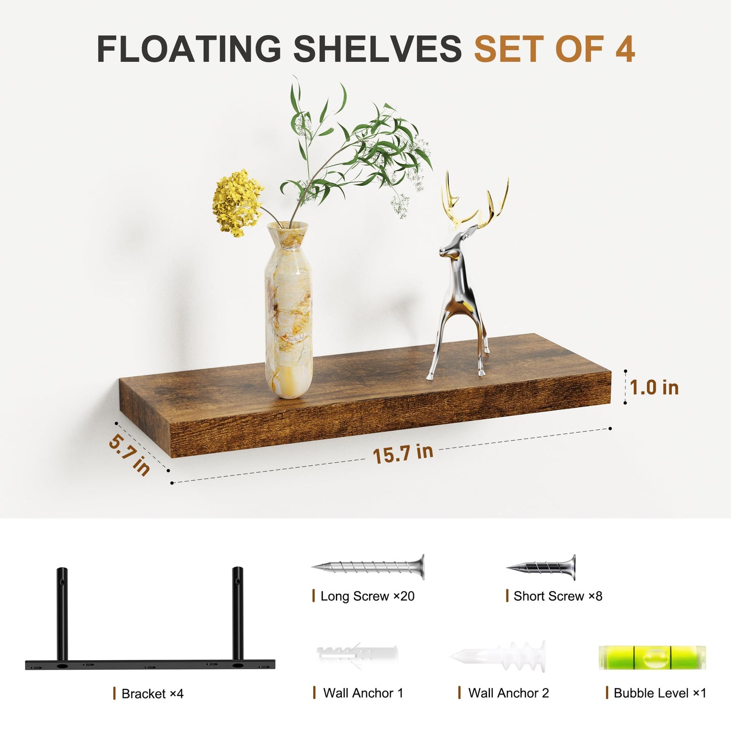 Bellsal Floating Shelves for Wall, Rustic Brown Wood Wall Shelf Set of 4, 16" Walls Mounted Floating Shelf for Kitchen, Living Room, Bedroom, Bathroom Storage, Book Shelf for Walls Home Decor