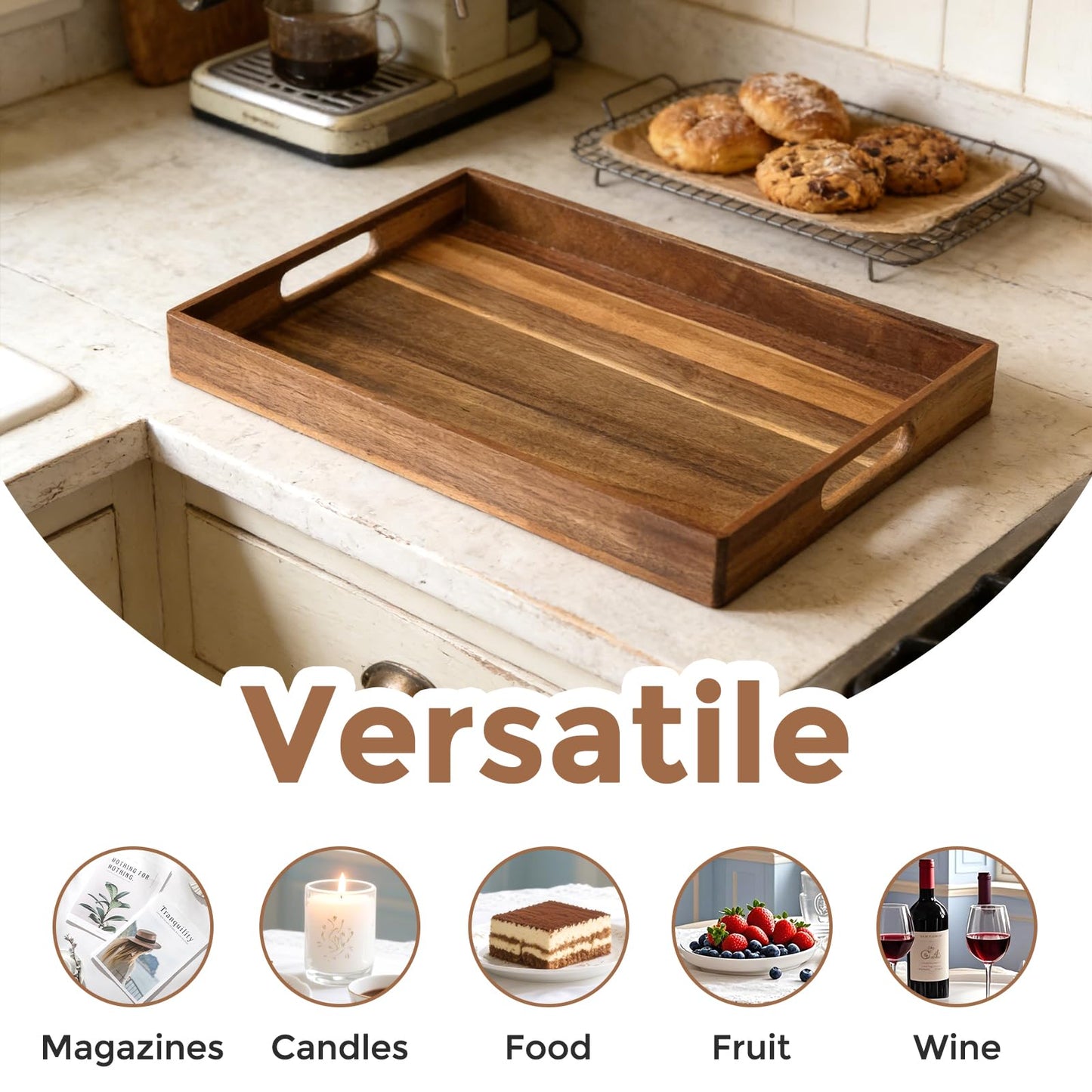 Acacia Wood Serving Tray with Handles, 17 Inch Wooden Tray for Ottoman, Breakfast, Lunch, Dinner, Decorative Rectangular Tray for Living Room, Kitchen Counter, Outdoor