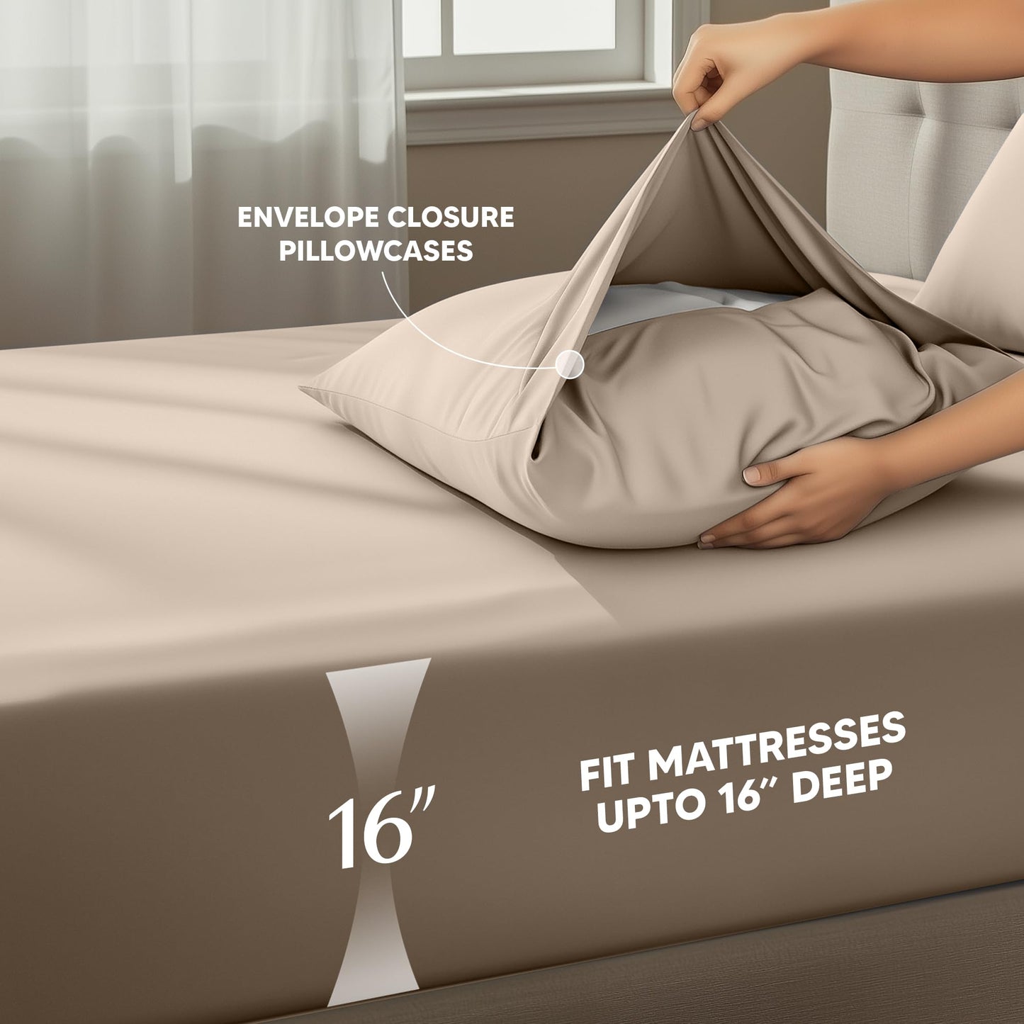 Queen Size Sheet Set – 4 Piece Bed Sheets, Soft and Breathable Microfiber, Includes 1 Fitted Sheet, 1 Flat Sheet and 2 Pillowcases – Oeko Tex (Beige)