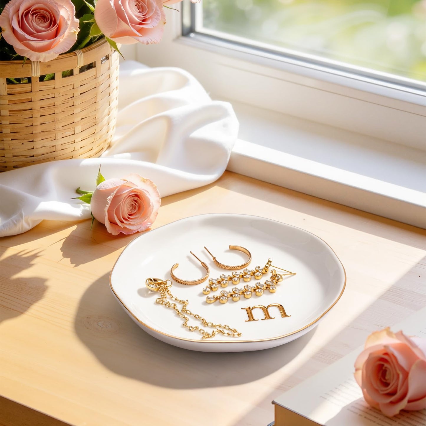 Fyshipin Ceramic Jewelry Tray,Decorative Trinket Dish for Room Decor,Birthday Valentine's Day Mother's Day Graduation Christmas Personalized Gift for Women, 4.75", Gold Rim,Engraved Initial k