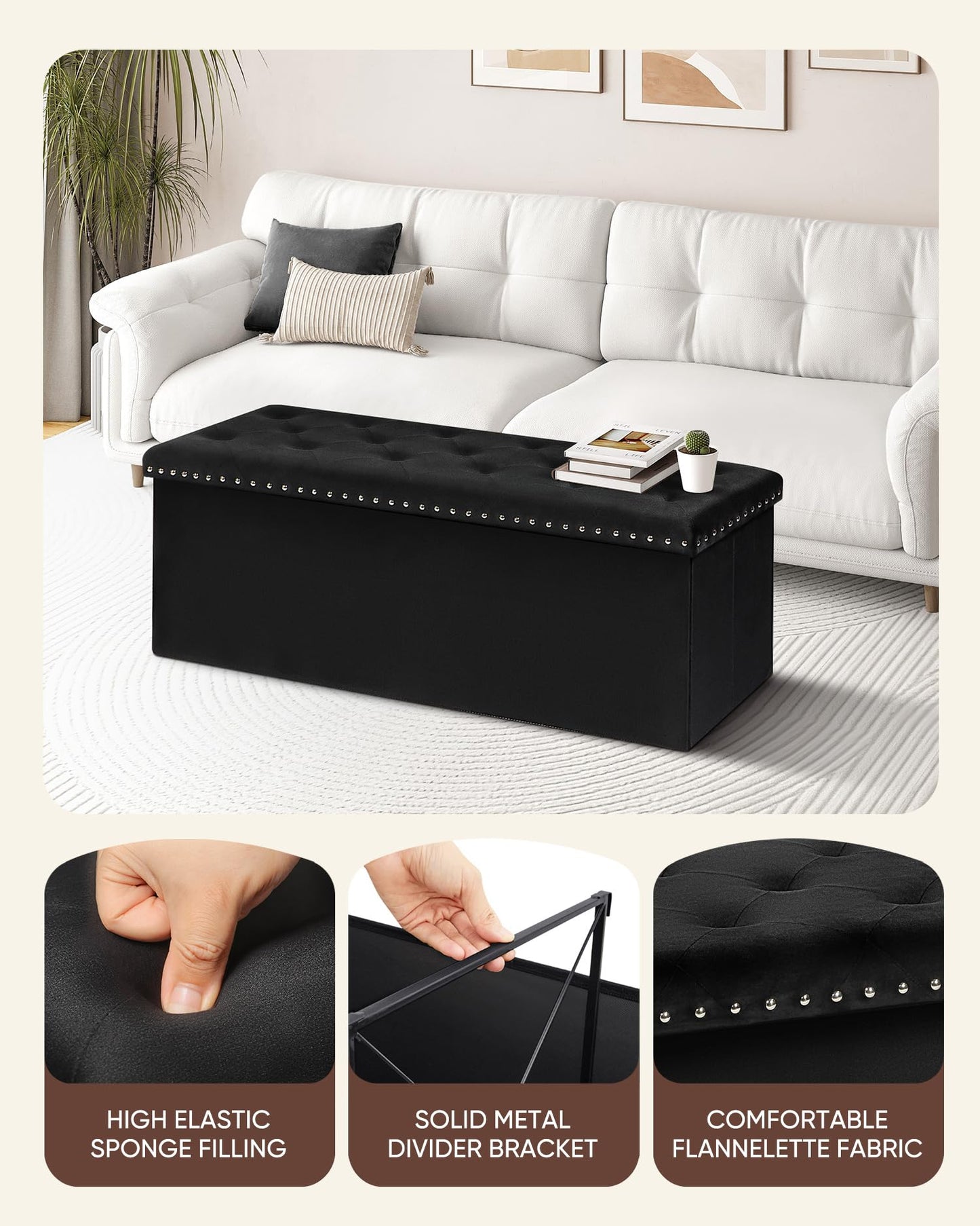 B FSOBEIIALEO Storage Ottoman Bench, Folding Tufted Ottomans with Storage, Extra Large 140L Storage Boxes Footrest Bench for Bedroom, Luxury Velvet Fabric 43 Inches Black