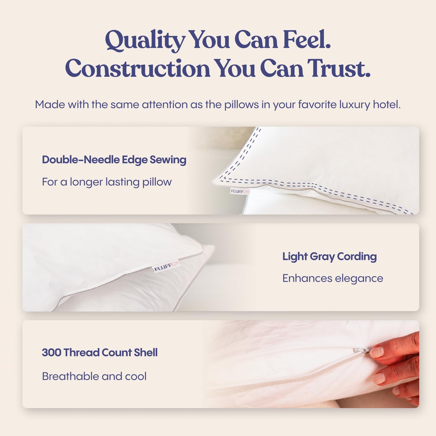 FluffCo Basics Down Alternative Bed Pillows - Cooling Cotton Shell with Supportive Gel-Fiber Fill - Pillows for Side, Back, and Stomach Sleepers - Made in USA - Standard/Queen Size, Set of 2