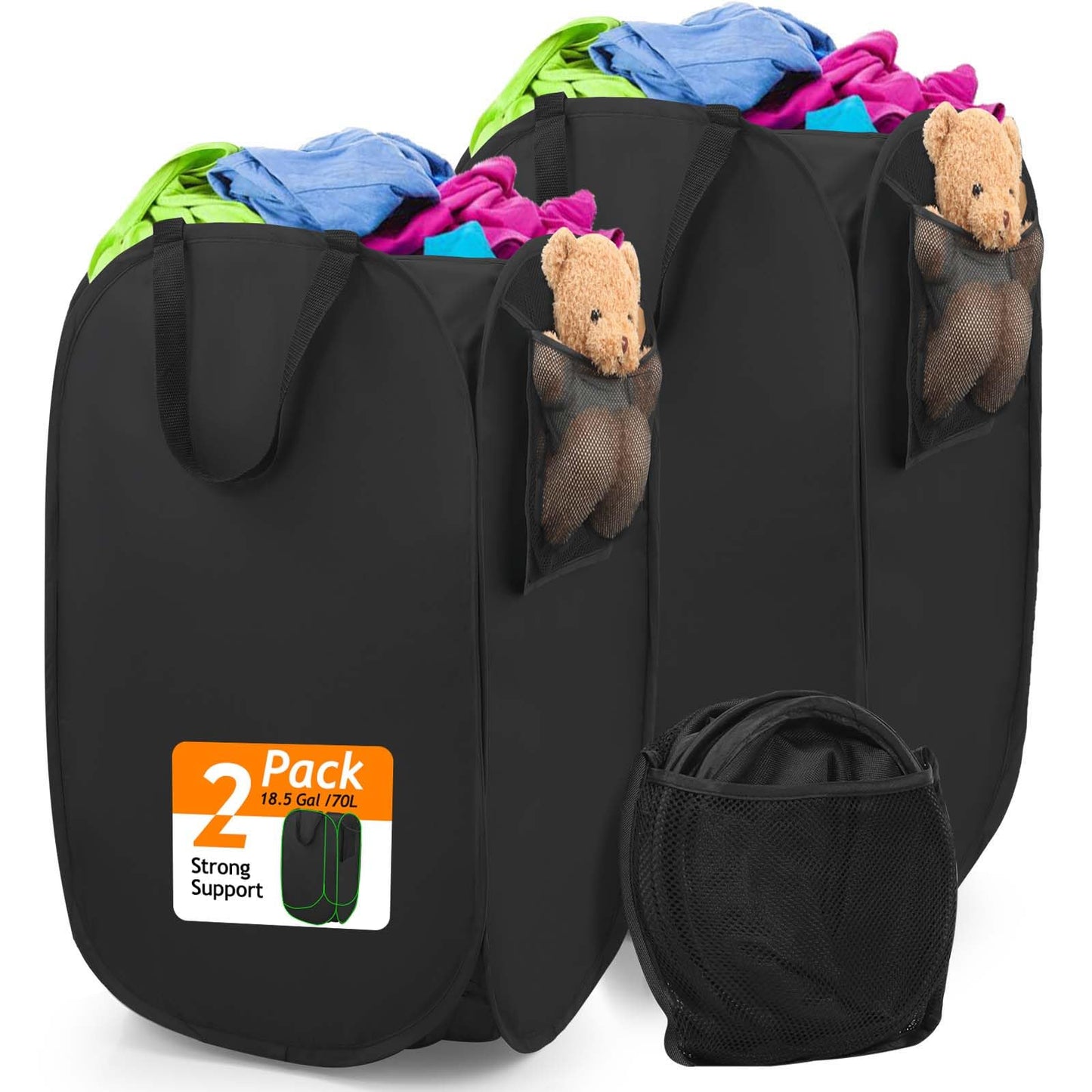 Upgraded Polyester Pop-up Laundry Hamper 2 Pack, 70L(18.5 Gal) Laundry Basket with Durable Handles Solid Bottom High Carbon Steel Frame and Side Pocket, Easy to Open Fold Flat for Storage