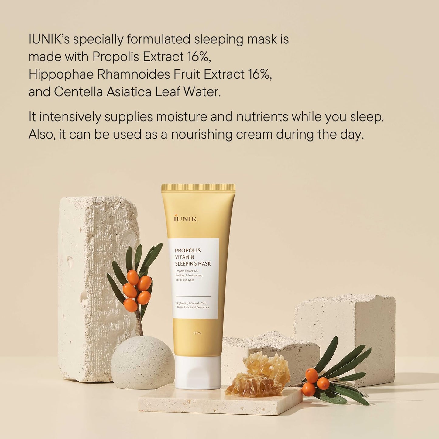 IUNIK Propolis Vitamin Sleeping Mask – Propolis, Vitamin C & Centella Overnight Moisturizing Sleeping Mask for Radiant, Firm-Looking Skin, Korean Skincare, 60ml / 2.02 fl oz