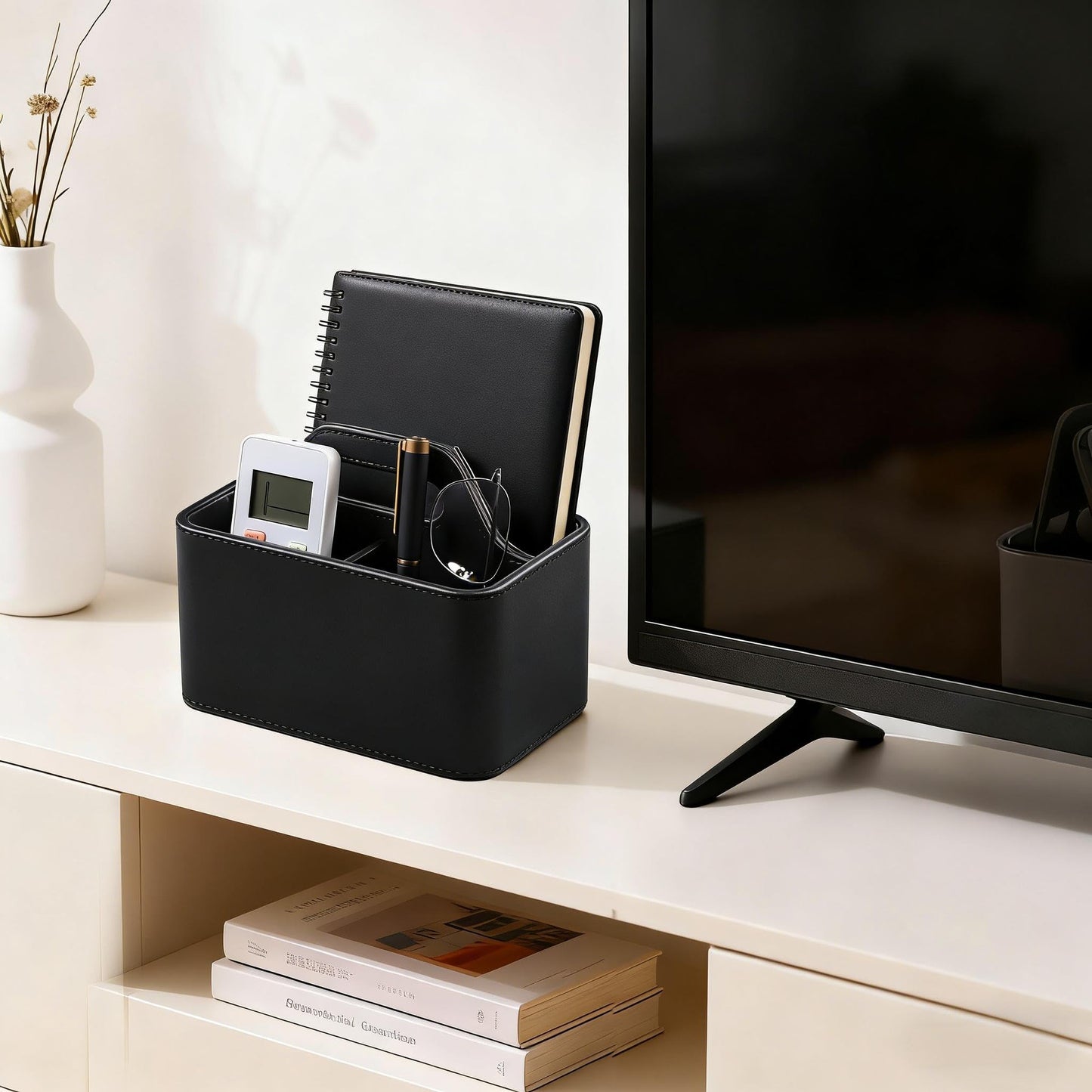 NICLNGSH Caddy Organizer with Handle, PU Leather Remote Control Holder Desk Caddy, Portable Makeup Remote Organizer for Table, Nightstand, Office (Black)