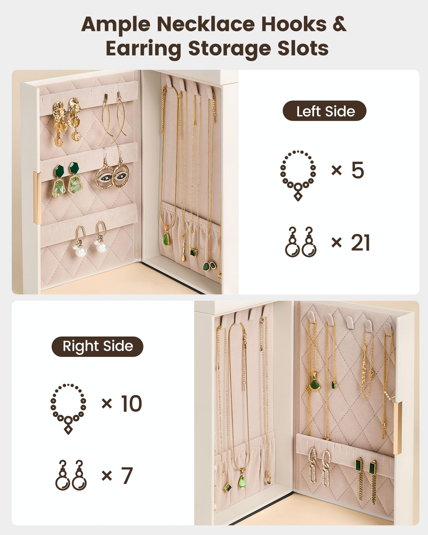 Lolalet Large Jewelry Box Organizer for Women, 6-Layer Jewelry Organizers and Storage Case with Mirror & 5 Drawers, Lockable Watch Ring Earring Bracelet Necklace Holder Girls Gift -6Layer, Beige