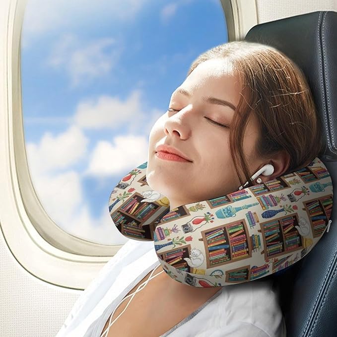 Breathable Memory Foam Travel Pillow U Shaped Chin Head Support Sleeping Cat Bookshelf Library, Removable Washable Cover for Airplane Car Office Pain Relief
