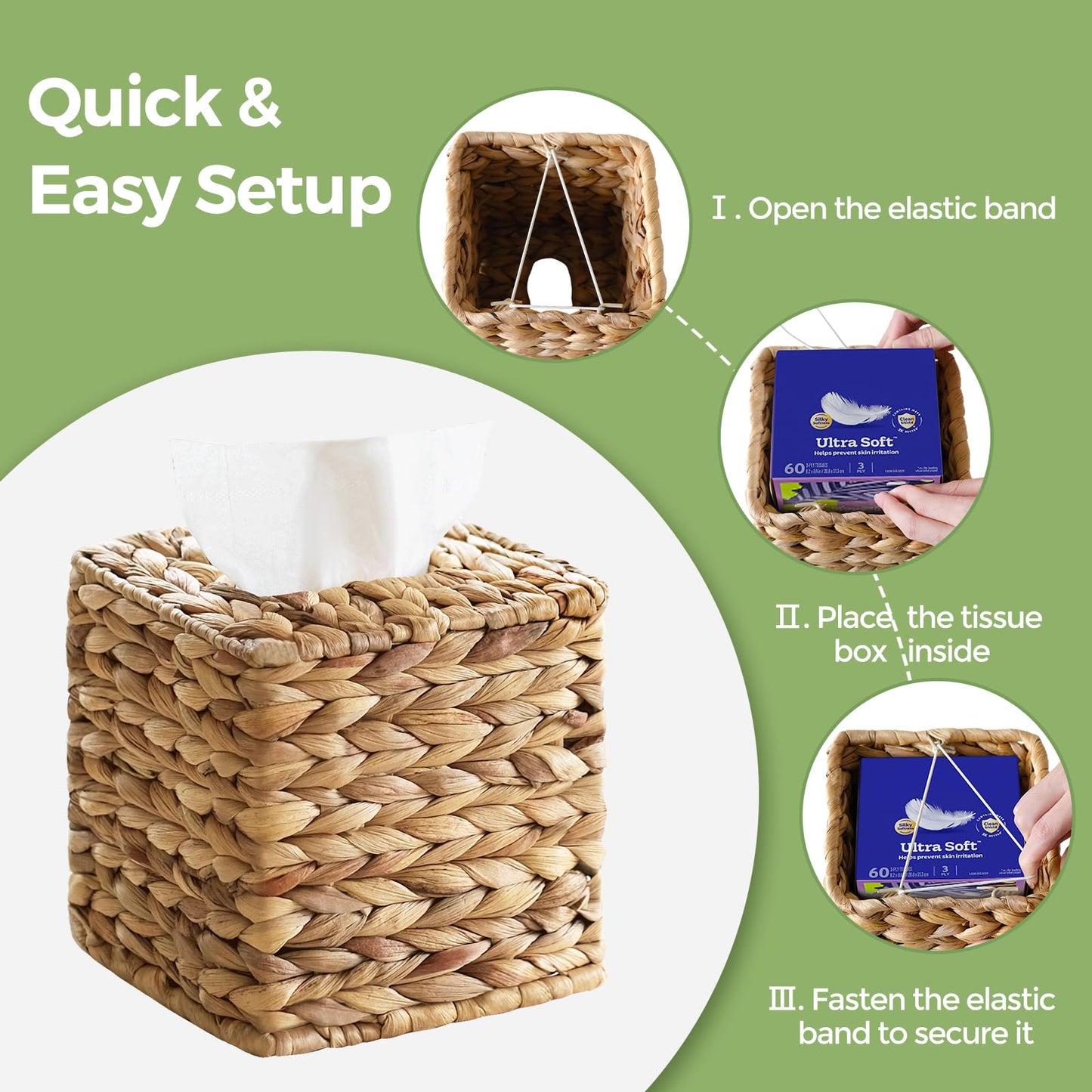 2 Pack Rattan Tissue Box Cover Square, Wicker Tissue Box Holder Facial Tissues Boxes, Hand Woven Square Tissue Box Cover Tissue Holder for Bathroom, Natural