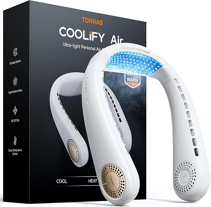 TORRAS COOLiFY Air Neck Fan Air Conditioner, 3D Airflow, Light Portable Fan Rechargeable, Personal Cooling Fan Travel Essentials, Work, Travel, Camping, White