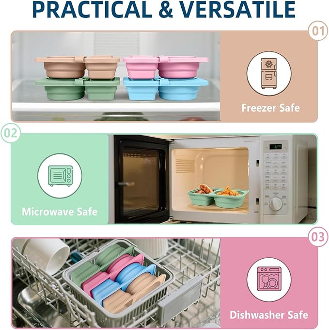 Dobyusf 4-Pack Collapsible Silicone Snack Containers - Round & Square Shape with Utensil Holder, BPA-Free Foldable Food/Sauce Storage for On-the-Go, Microwave & Dishwasher Safe