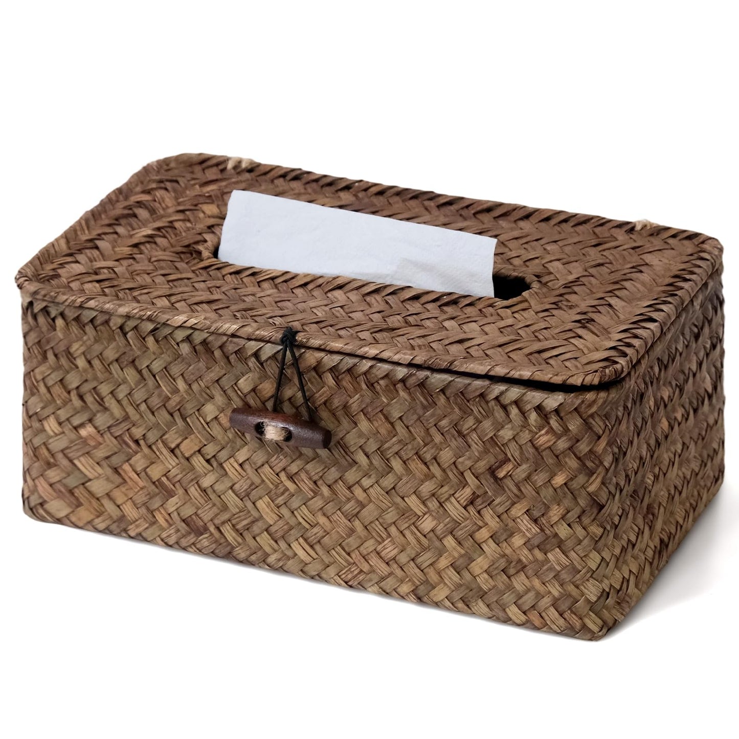 Rectangle Wicker Tissue Box Cover, Natural Seagrass Tissue Box Holder with Lid, Woven Tissue Box Decorative Facial Tissue Holder for Bathroom Office Table, Brown