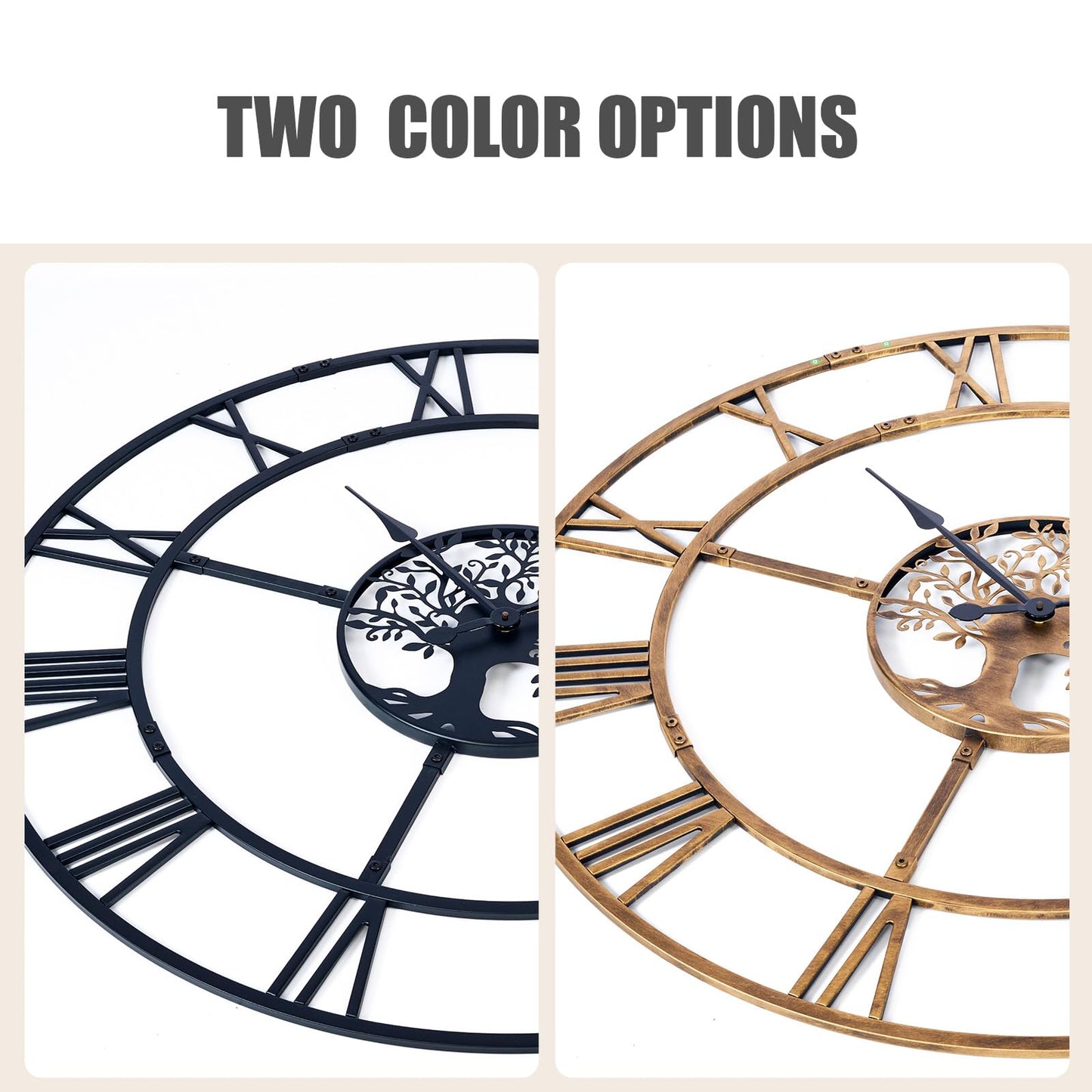 Ohweog 40 Inch Large Wall Clock for Living Room(Quick Assembly) – Black Metal Clock with Nature-Inspired Tree Design, Silent Non-Ticking, Battery Operated Roman Numeral Wall Clock for Home Decor