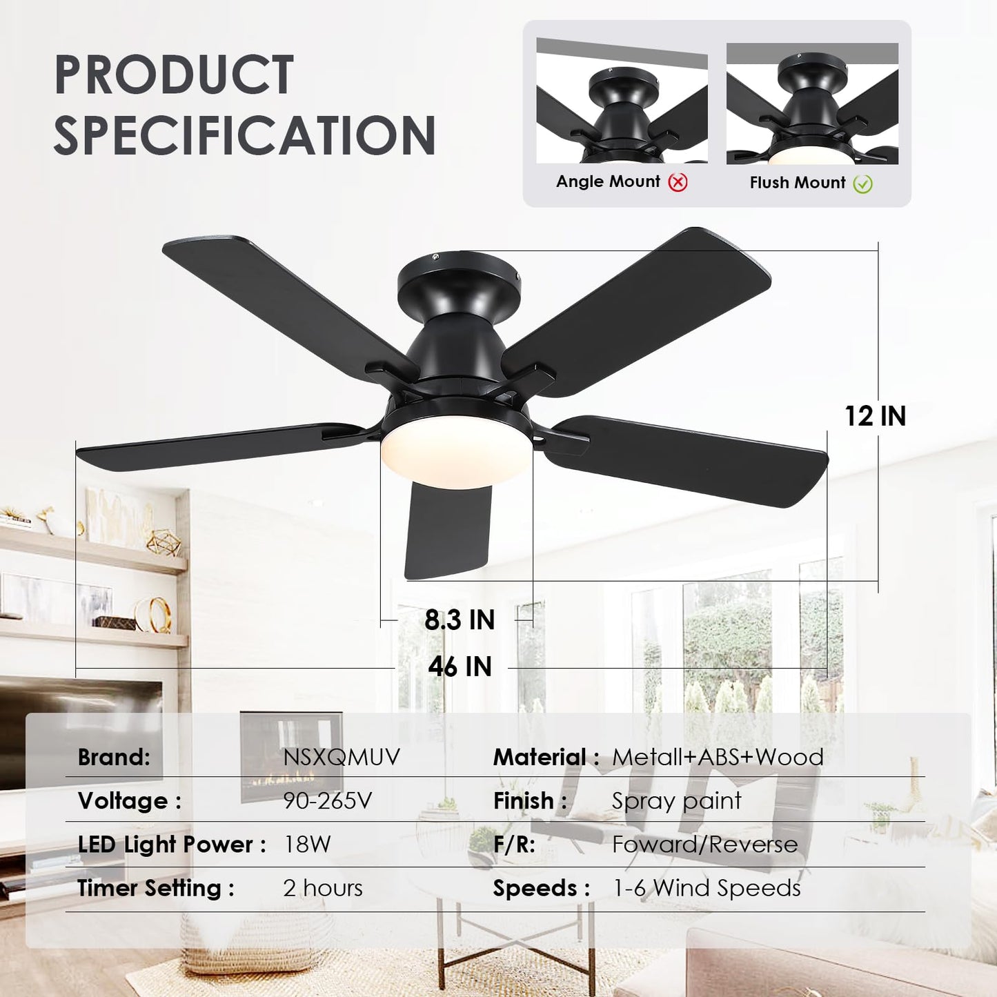 NSXQMUV 46 Inch Ceiling Fans with Lights and Remote, Modern Black Low Profile Ceiling fan with light for Bedroom Indoor/Outdoor, Flush Mount, Reversible Quiet DC Motor, Dimmable LED, Wooden Blades