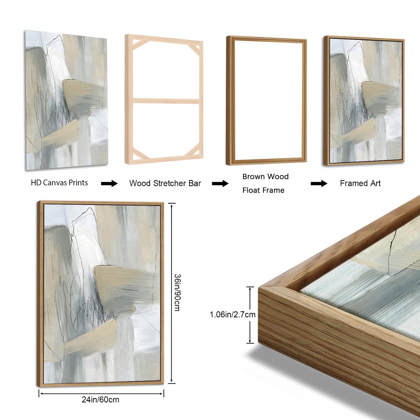 Large Framed Abstract Wall Art for Living Room Decor, Beige, 24X36inX3pcs, Neutral Abstract Painting Artwork Wall Picture, Modern Wabi-sabi Canvas Art Prints for Bedroom Bathroom Office Home