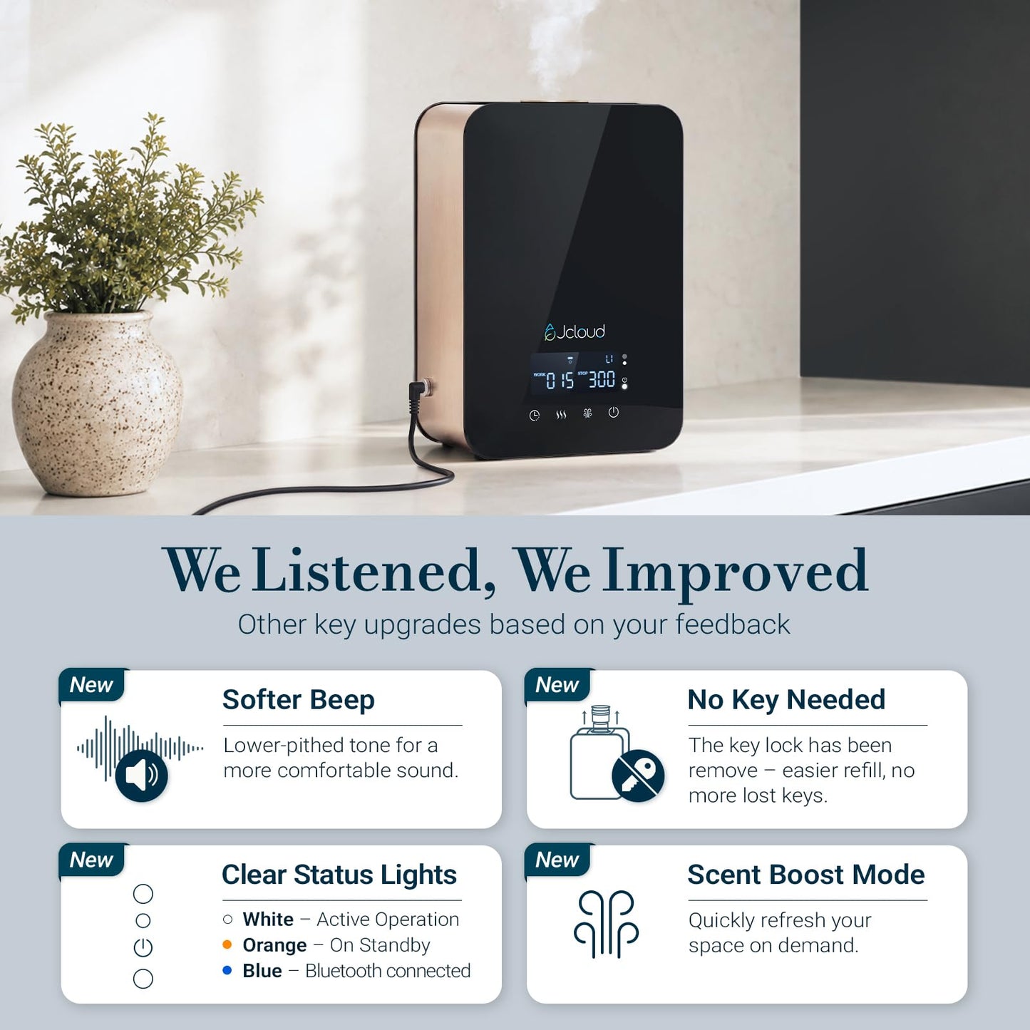 JCLOUD Waterless Essential Oil Diffuser - Cold Air Scent Diffuser Oil Machine for Home Office Hotel, HVAC Compatible, Up to 2000 Sq Ft, Upgraded Display and Button Controls, Black