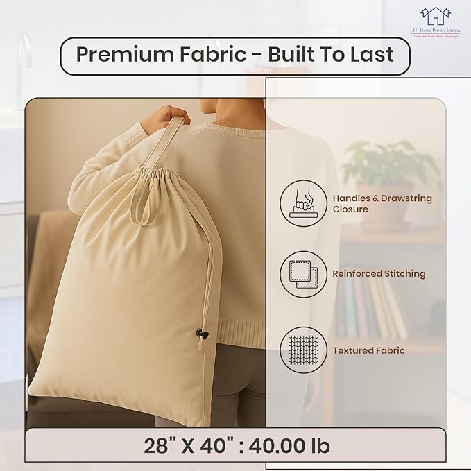 LFH Home Cotton Canvas Extra Large Laundry Bag with Handle, Heavy Duty Drawstring Closure Washable Laundry Bags, School Travel, Home, Hotel, College Dorm, Organizer Sack, 28x40-Natural, Thanks Giving