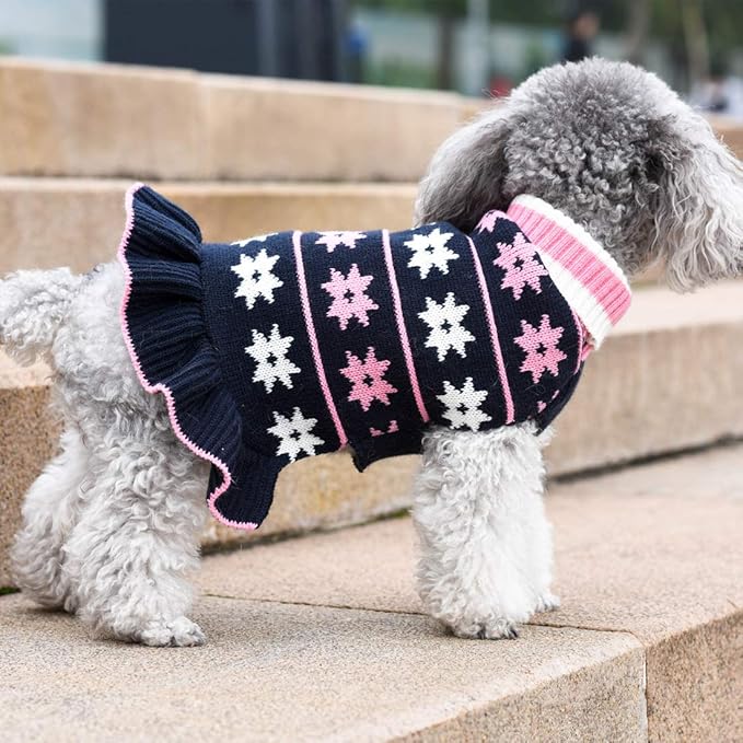 KYEESE Dog Sweater for Small Dogs Fall Winter Dogs Clothes Warm Pet Coats Turtleneck Knit for Girl Pet Sweater with Leash Hole Dog Sweater Dress with Classic Snow flake Pattern, Girl Navyblue, X-Small