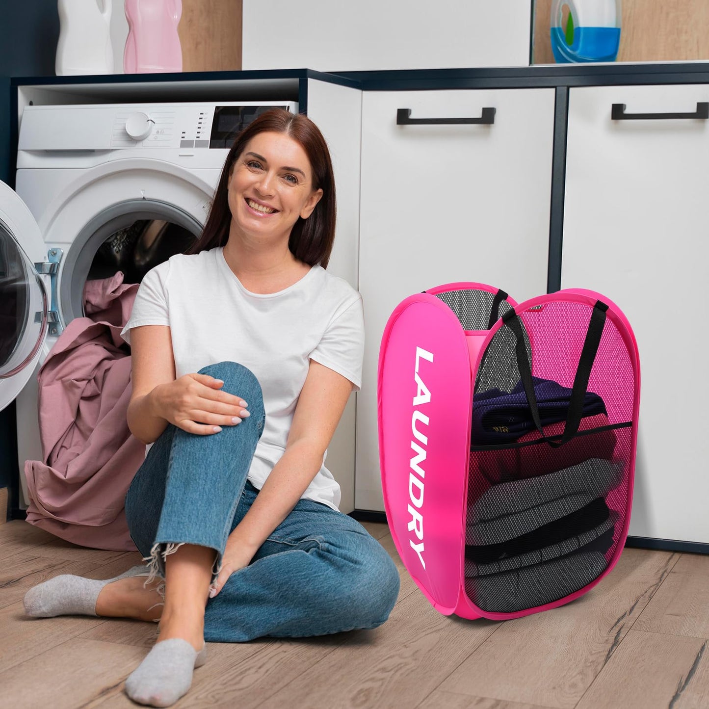 MBAIYO 4 Pack Foldable Mesh Pop Up Laundry Hamper with Handles, Collapsible Laundry Basket Extra Large Clothes Hamper with Large Side Pocket for Teen Room College Dorm Travel(23 x 14.2 x 14.2 inch)