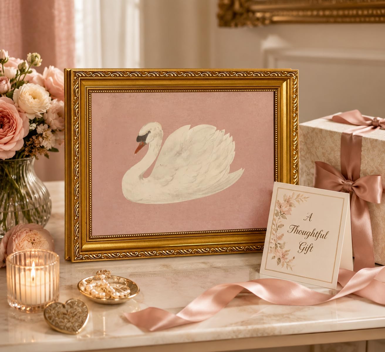 FKRYTYB Vintage Gold Framed Classical Pink Swan Canvas Wall Art, 11x9in