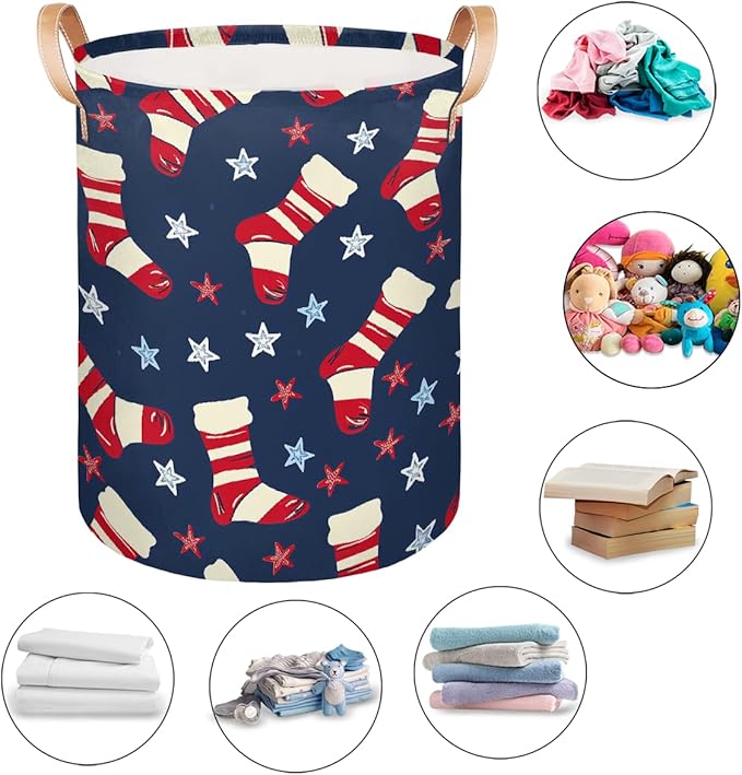 Sock Pattern Stars Laundry Basket Foldable Laundry Baskets With Leather Handles for Bedroom Bathroom Toys Decorative Basket