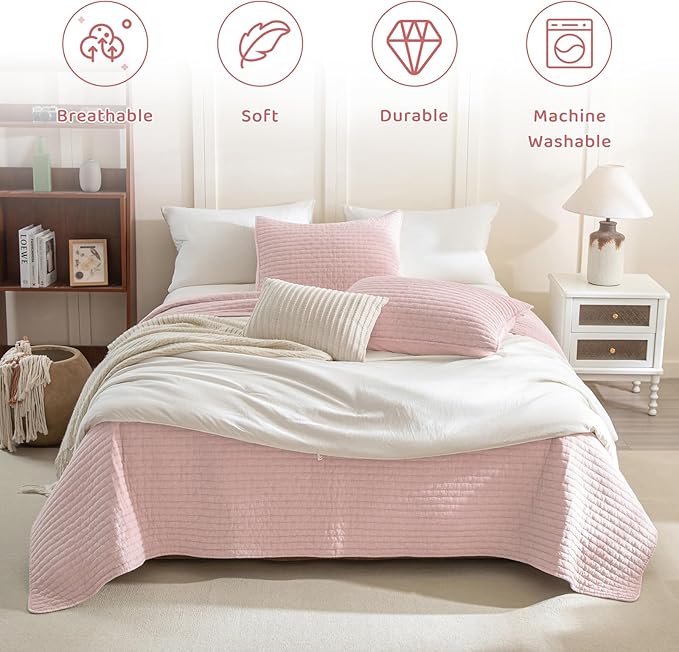 Sanracie Stonewashed Cotton Coverlet Oversized King(120"x120"), Light Pink Cross Stitch Pattern California King Quilt Sets 3Pcs Ultra Soft Lightweight Crinkle Bed Coverlet Set for All Season
