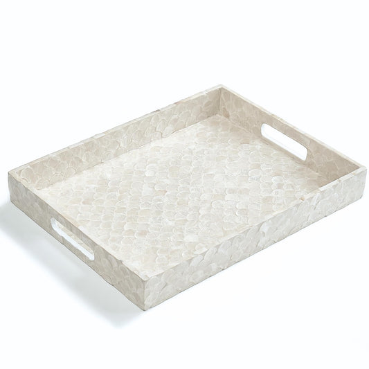 CHI AN HOME Capiz Decorative Tray 15.8” x 11.8” x 1.8" Rectangular Tray, Natural Handmade Serving Tray with Handles for Coffee Tables, Ottoman, Vanity, Kitchen, Coastal Boho Home Decor, White