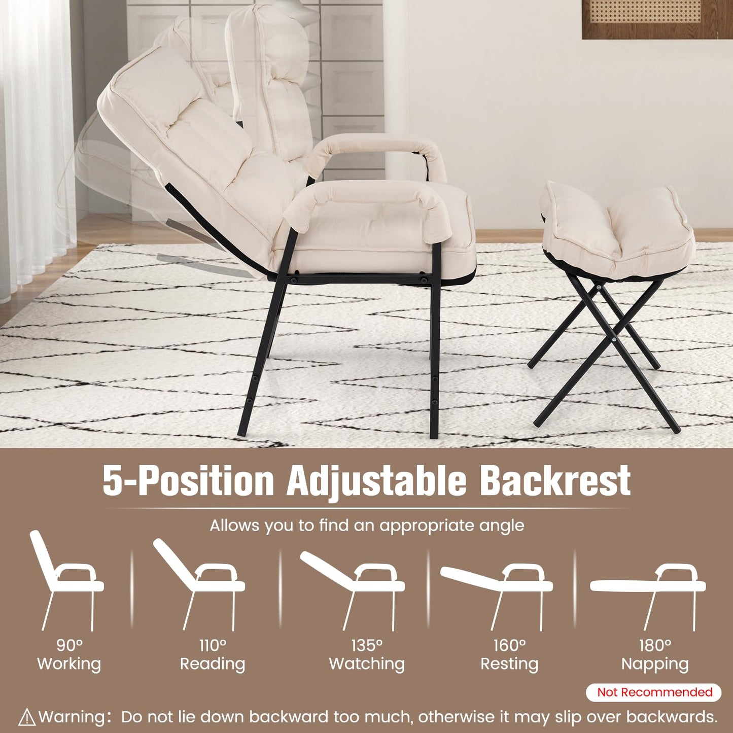 Giantex Modern Accent Chair with Ottoman, Upholstered Arm Chair with Adjustable Backrest & Solid Metal Frame, Linen Fabric Single Sofa Chair and Footrest Set for Bedroom, Living Room (Beige)