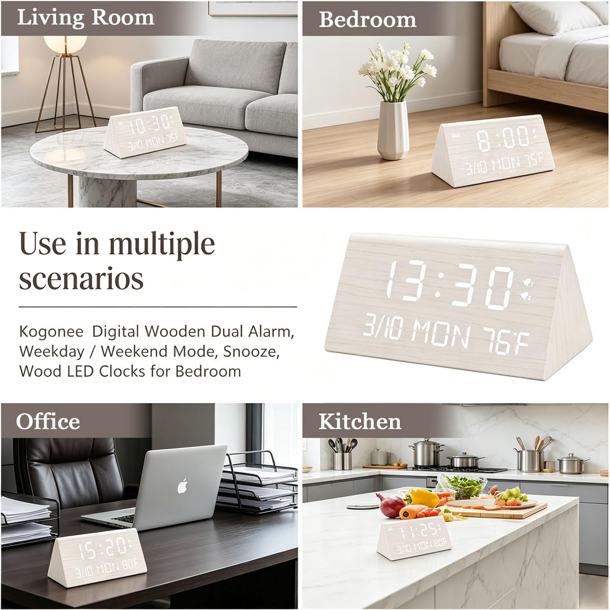 Kogonee Wooden Digital Alarm Clock, 0-100% Dimmer, 2 Alarm Settings, Weekday/Everyday Mode, 9 Mins Snooze, 12/24H, Temperature and Date Display for Office, Travel, Bedroom Alarm Clock (White)