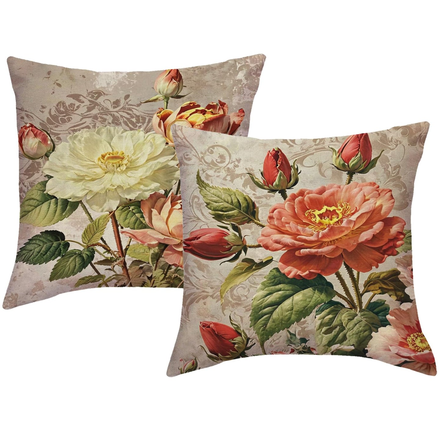 JAERUE Vintage Rose Flower Throw Pillow Covers Set of 2 Shabby Chic Red Floral Cushion Cases Spring Farmhouse Retro Botanical Pillow Covers 18"x18", for Couch, Bedroom & Living Room(Red/Brown)