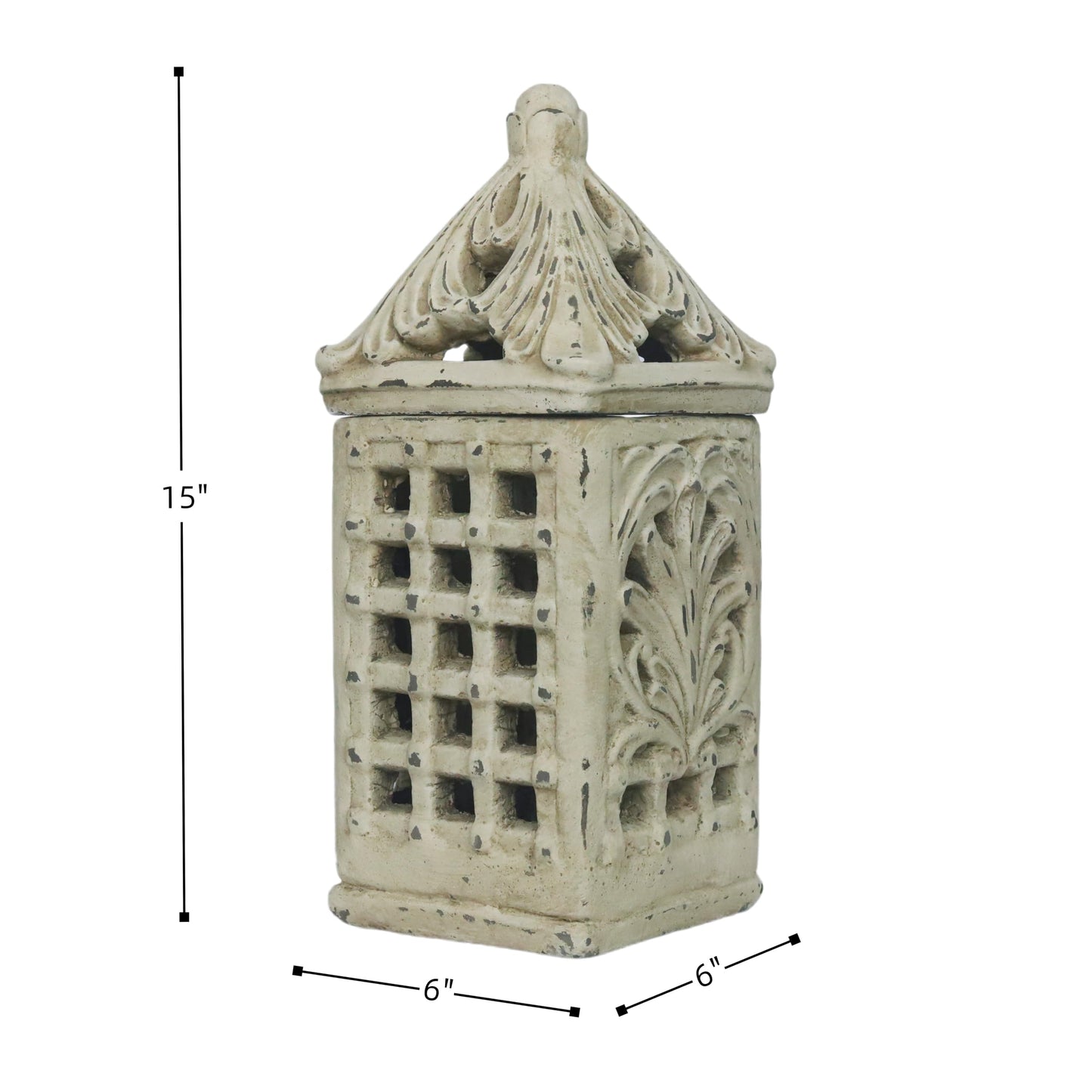 French Country Candle Lantern 15”H Grid-Carved Distressed White Decor Gift
