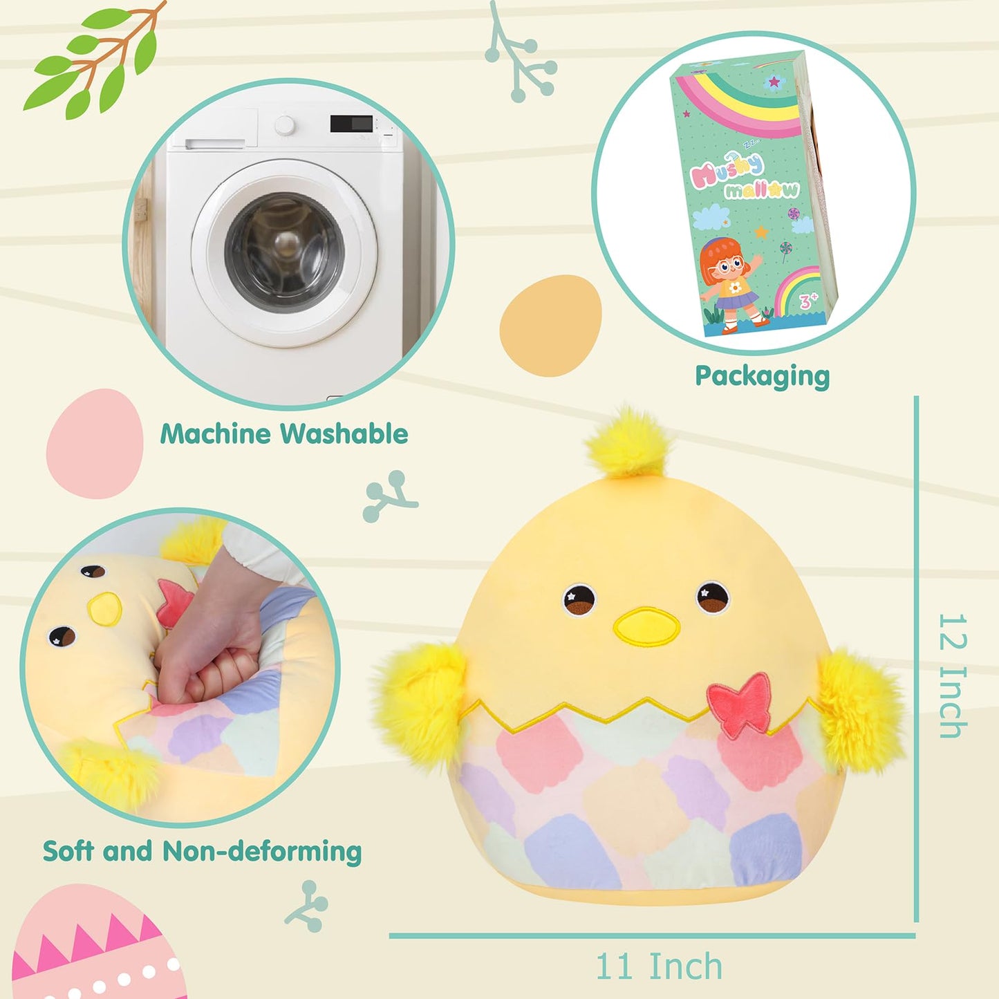 Mushymallow 12” Easter Chicken Plush Pillow Cute Easter Egg Chick Plush Toy Soft Chicken Stuffed Animal Easter Gifts for Kids Girls Boys