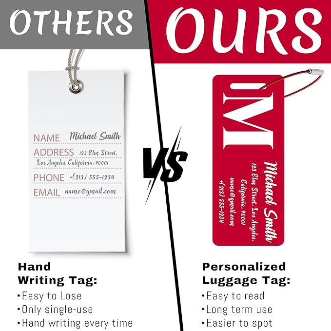 4 PCS Personalized Luggage Tags for Suitcase, Custom Engraved Aluminum Luggage Tags with Your Personalized Text Logo, Metal Name Tags with Steel Loop for Bag, Suitcase, Backpack (Red, Small)