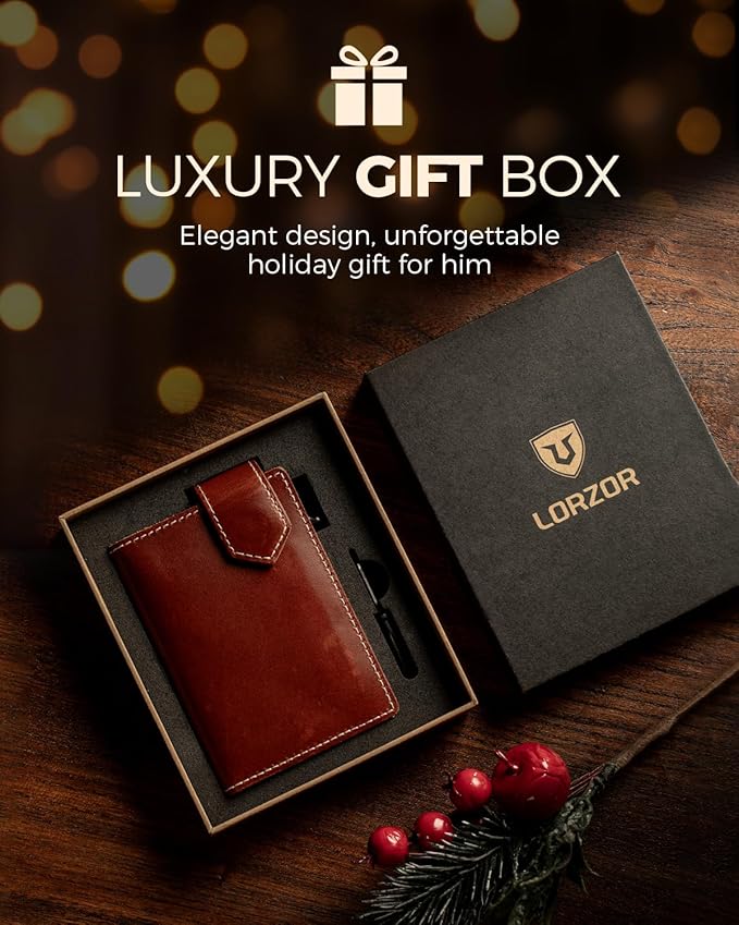 LORZOR Slim Wallet for Men with Security Latch, Pop Up Metal Card Holder Wallet, Finest Full Grain Leather Bifold Wallets, Smart, Minimalist, RFID Blocking, Front Pocket, ID Window