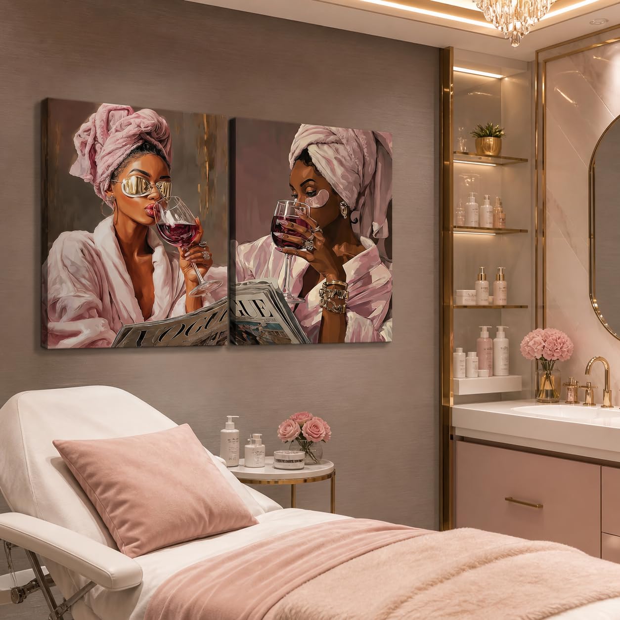 Pink Bathroom Wall Art Set Of 2 Framed Canvas Prints Glam Fashion Bathroom Decor Black Woman Spa Vanity Wall Art Pink Brown Self Care Pictures For Bedroom Beauty Room 16x24 Inch