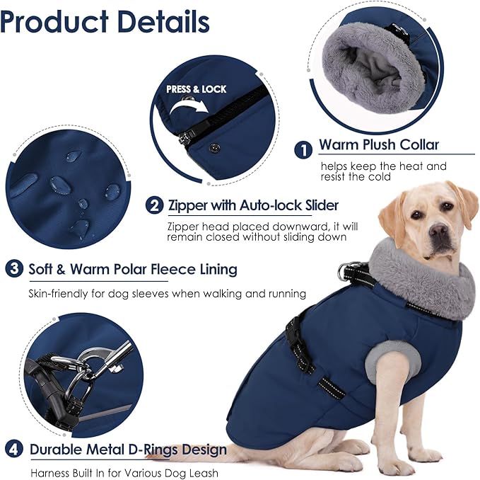 AOFITEE Small Dog Coat, Warm Dog Jacket Winter, Windproof Puppy Winter Coat with Harness & Zipper, Reflective Turtleneck Fleece Pet Sweater Snow Jacket Snowsuit for Schnauzer, Yorkshire Terrier, S