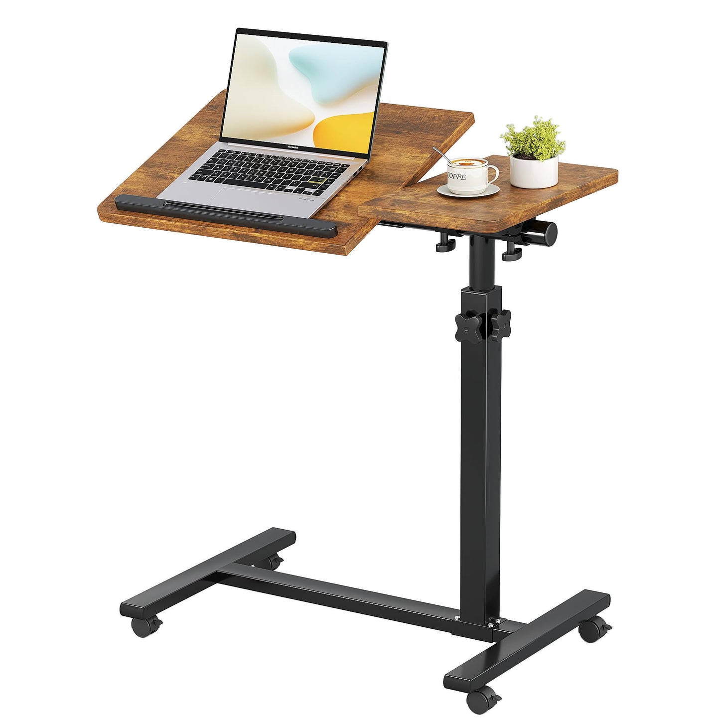 Mu Guang Overbed Tables, Hospital Table, Adjustable Height ＆ Protable Standing Rolling Desk, C-Shaped Bed Table for Livingroom and Bedroom, Brown