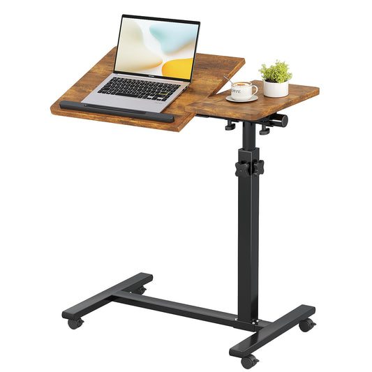Mu Guang Overbed Tables, Hospital Table, Adjustable Height ＆ Protable Standing Rolling Desk, C-Shaped Bed Table for Livingroom and Bedroom, Brown