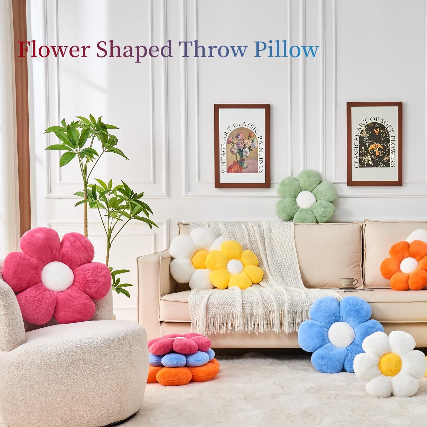 Vdoioe 3PCS Flower Pillow Set,Flower Throw Pillow 15.7In Daisy Pillow Cute Decorative Pillow Cushion Home Decor& Plush Pillow for Sofa Couch Bed Reading Tent.