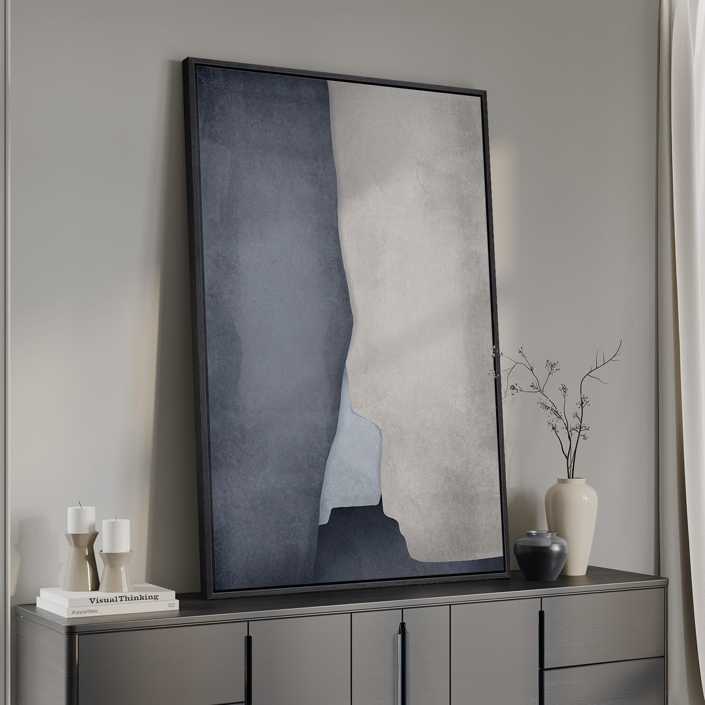 Framed Blue Abstract Wall Art, 1 Piece Large Modern Canvas Prints Paintings Artwork for Walls, Minimalist Blue Gray Cool Tones Pictures for Living Room Bedroom Dining Room Hallway Wall Decor 24x36 In