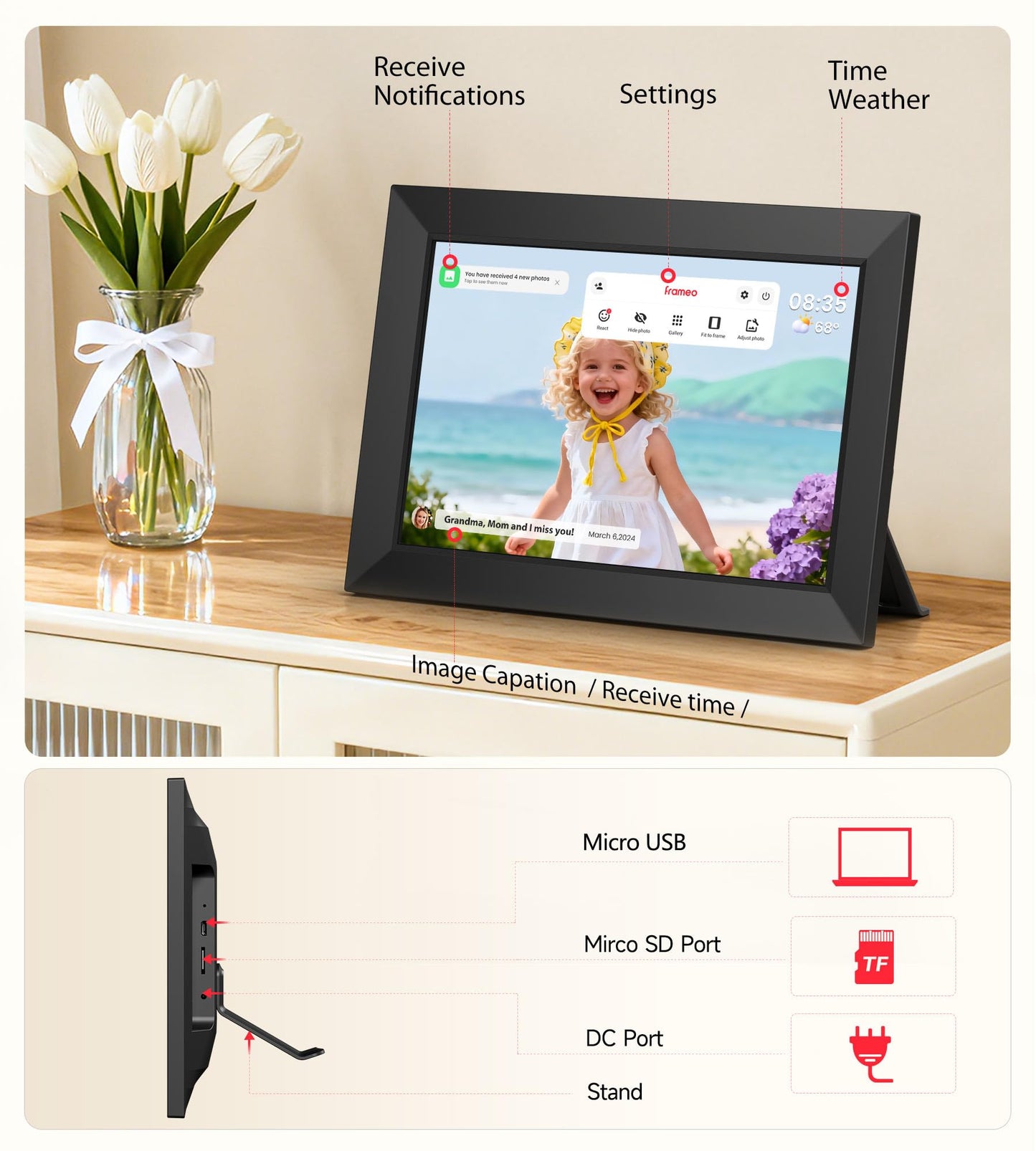BIGASUO Digital Picture Frame, 10.1" Frameo Digital Frame WiFi with 32GB Memory, 1280x800 IPS Touch Screen, Send Photos/Videos from Your Phone Anywhere, Photo Gifts for Parents and Grandparents