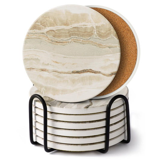 LlFVER Coasters Set of 8, Absorbent Drink Coaster with Holder, Marble Style Ceramic Stone Coasters for Drinks Coffee Tabletop Protection, Modern Furniture Coaster for Home Decor House Warming Gifts