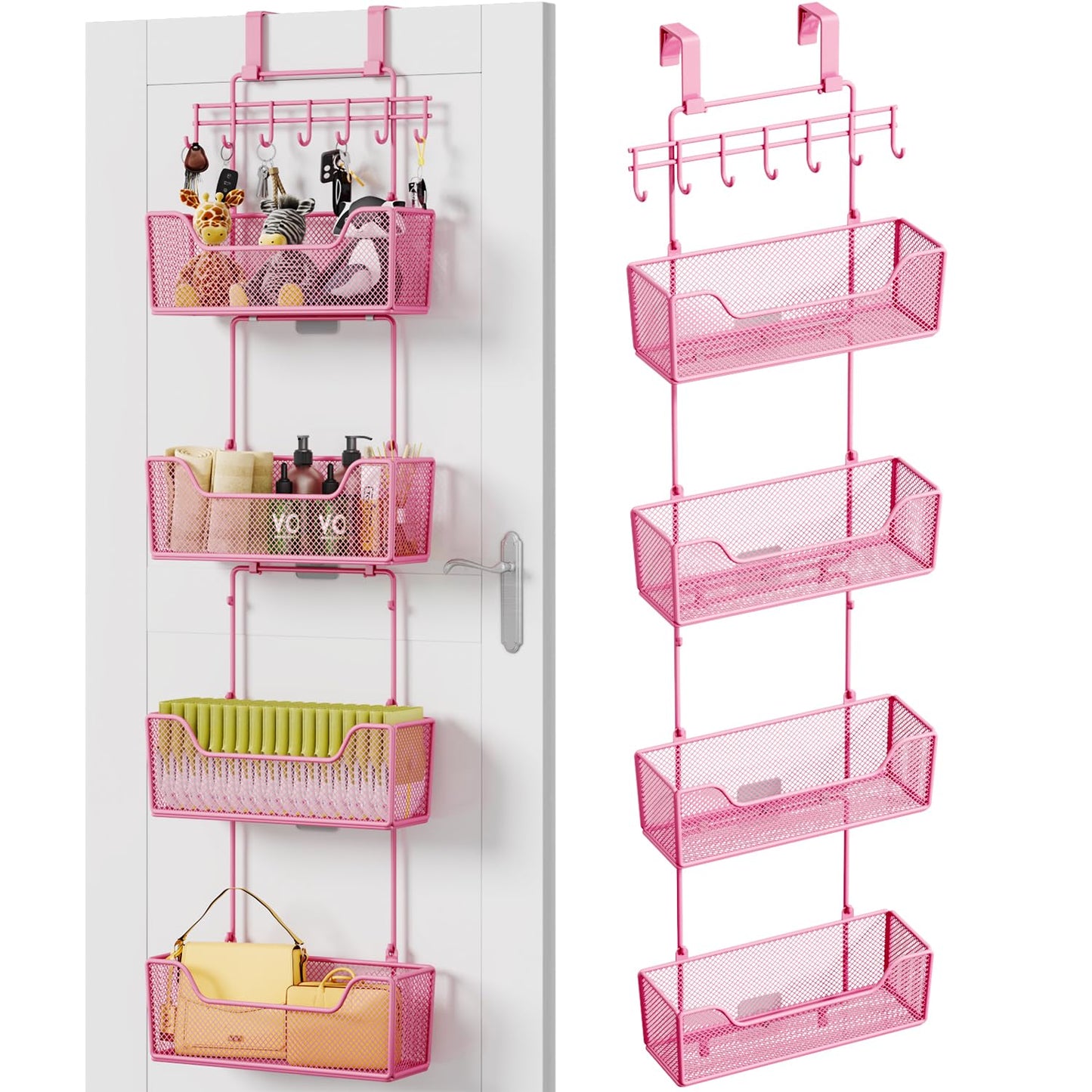 HapiRm Over Door Organizer Storage - Hanging Door Organizer with 4 Metal Large Capacity Baskets and Adjustable Coat Hook for Bathroom Bedroom Kitchen Pantry Closet Cabinet