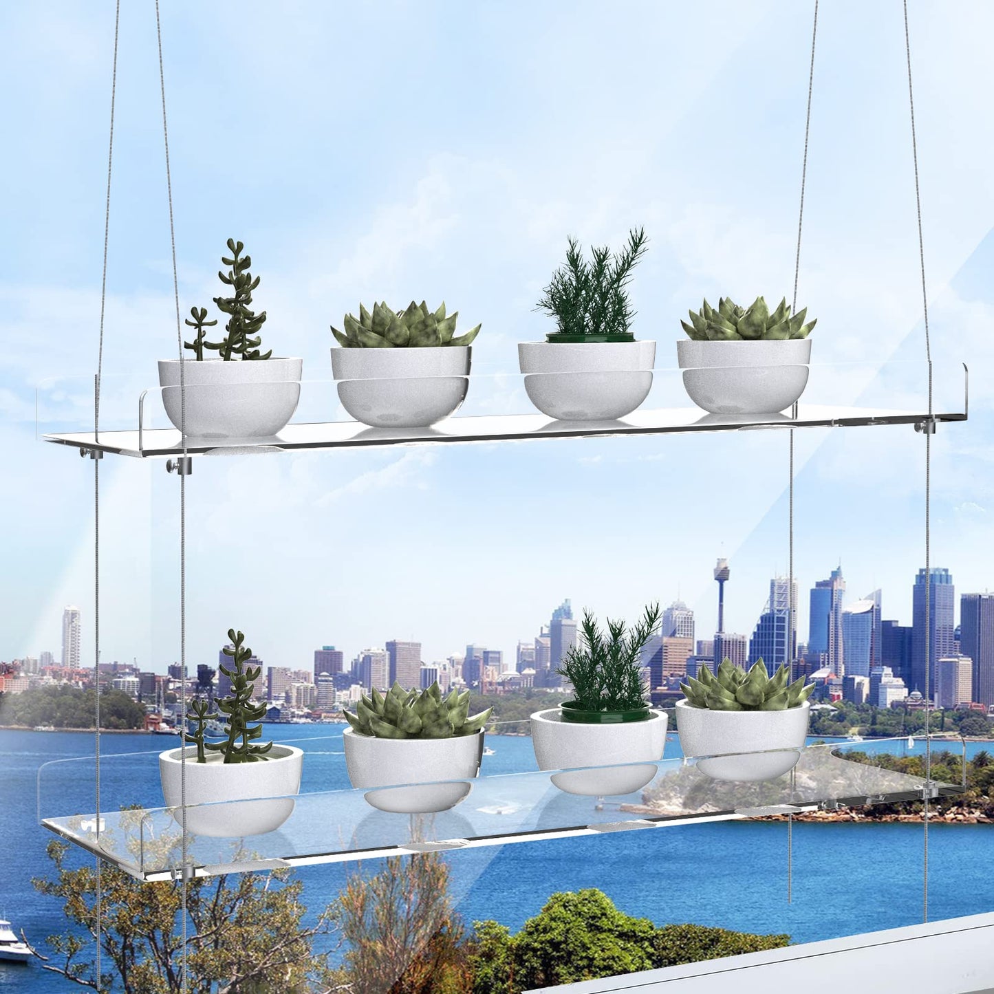 ZerzSemp 2-Pack Adjustable Clear Acrylic Plant Stands for Windows – 16" Transparent Hanging Window Plant Racks for Indoor Garden, Herbs, or Home Decor in Kitchen & Bedroom