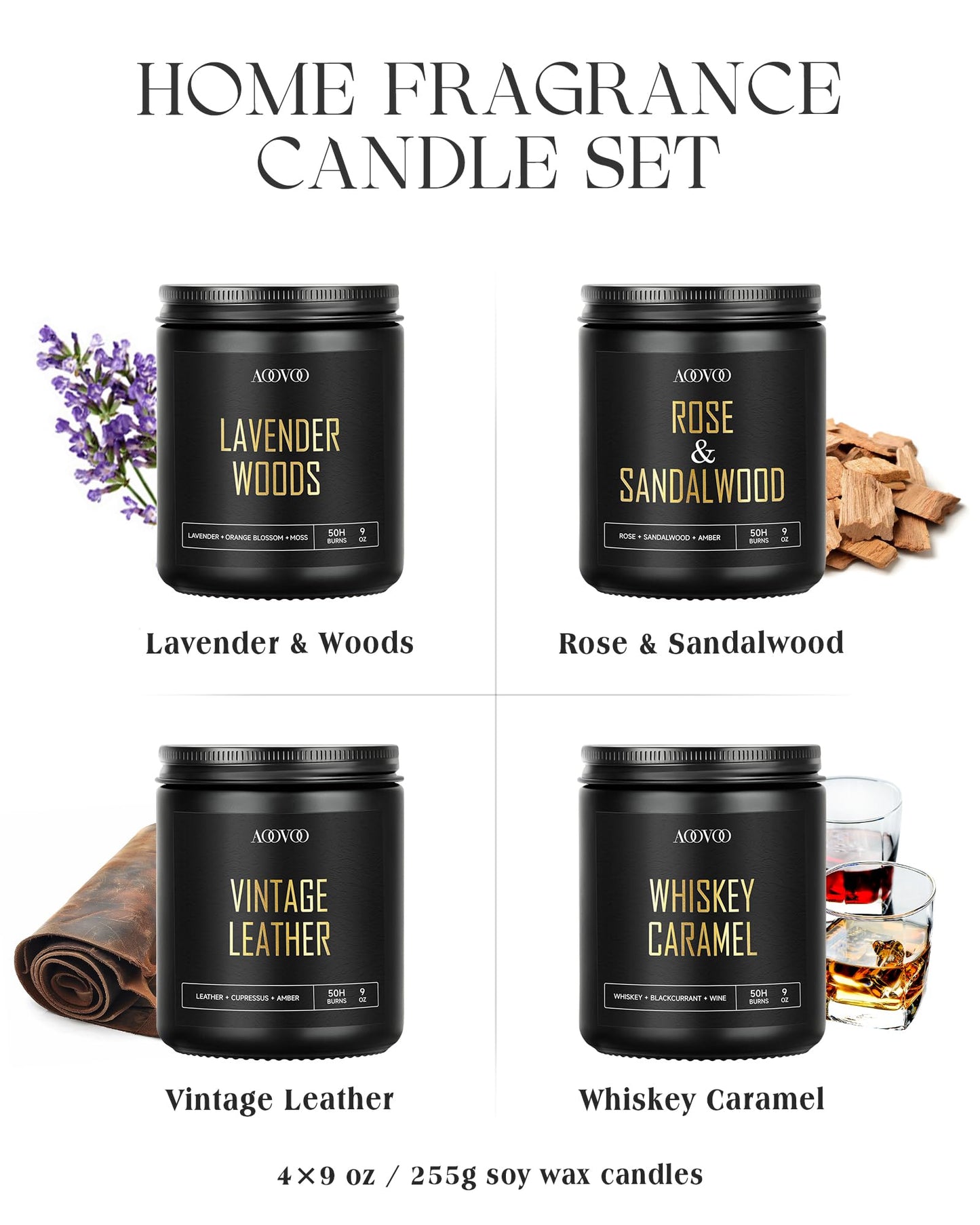 AOOVOO Scented Candles for Men - 4 Pack Candles for Home Scented, 36oz Soy Wax, 200 Hour Burn Time, Men Candle Set, Rose Sandalwood/Whiskey Caramel/Lavender/Leather Candles Set