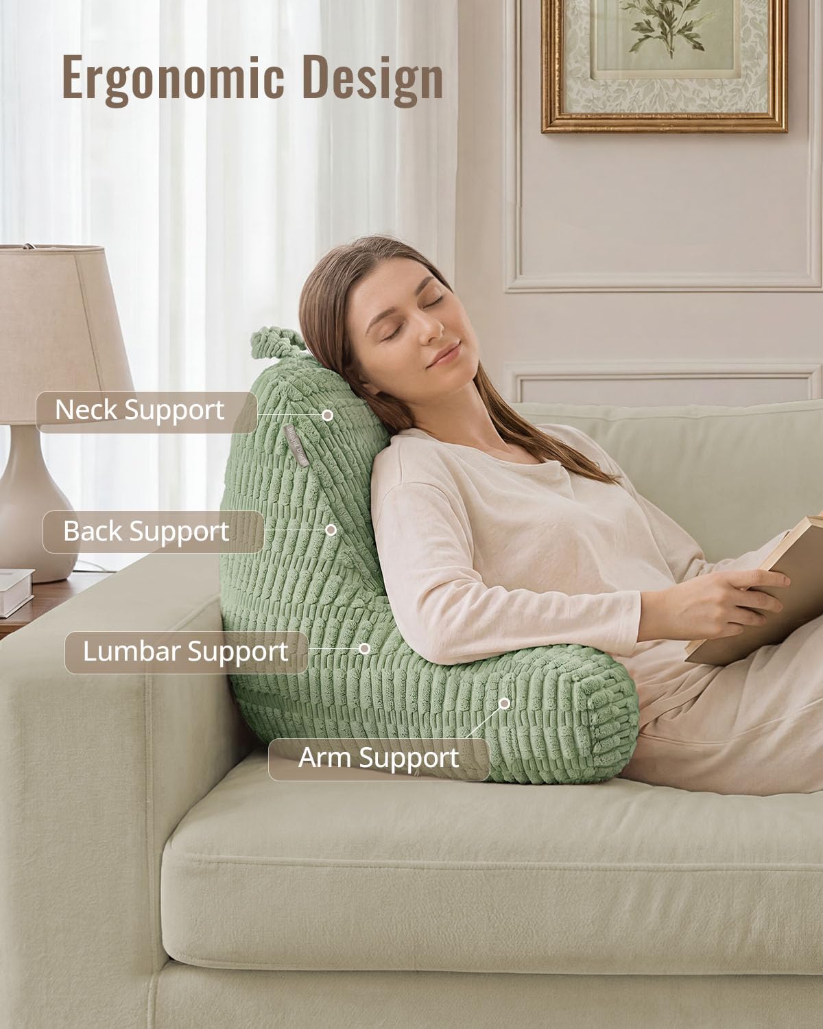 Blissful Diary Reading Pillow, Backrest Pillow with Shredded Memory Foam for Adult & Children, Designed for Bed and Couch Sitting Up, Includes Arms, Pockets and Washable Cover, Sage Green