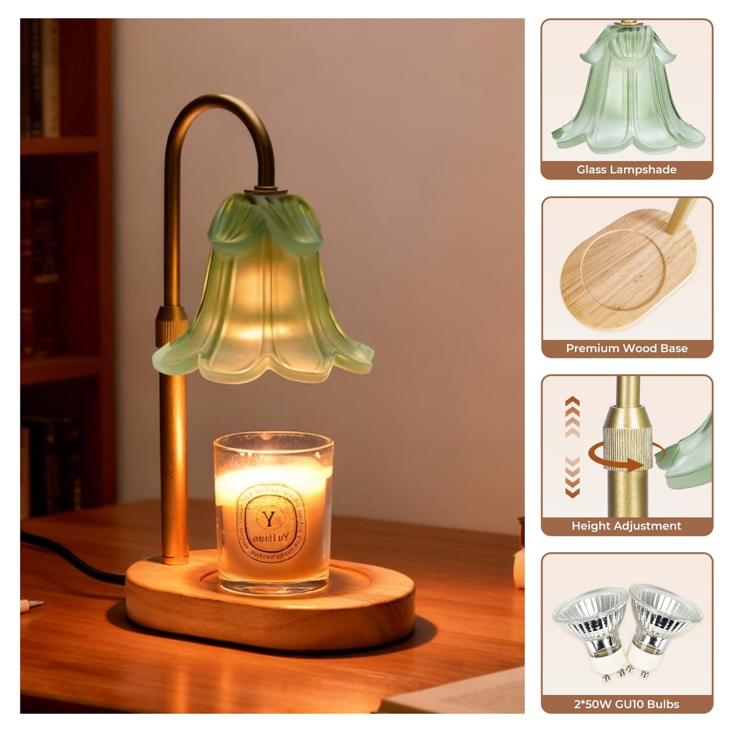 Lsctiff Candle Warmer Lamp with Timer Dimmable, Wax Melt Warmer Adjustable Height, Flower Warmer Lamp with 2 Bulbs for Jar Candles, House Warming New Home Decor, Gift for Mom Women (Green)