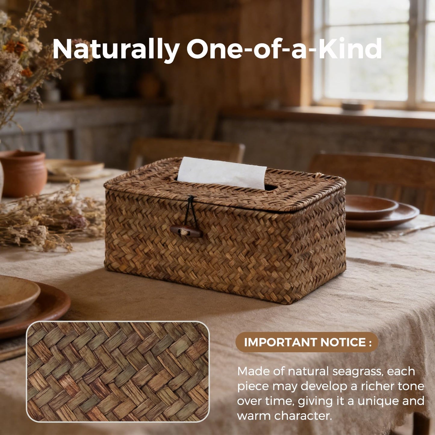 Rectangle Wicker Tissue Box Cover, Natural Seagrass Tissue Box Holder with Lid, Woven Tissue Box Decorative Facial Tissue Holder for Bathroom Office Table, Brown