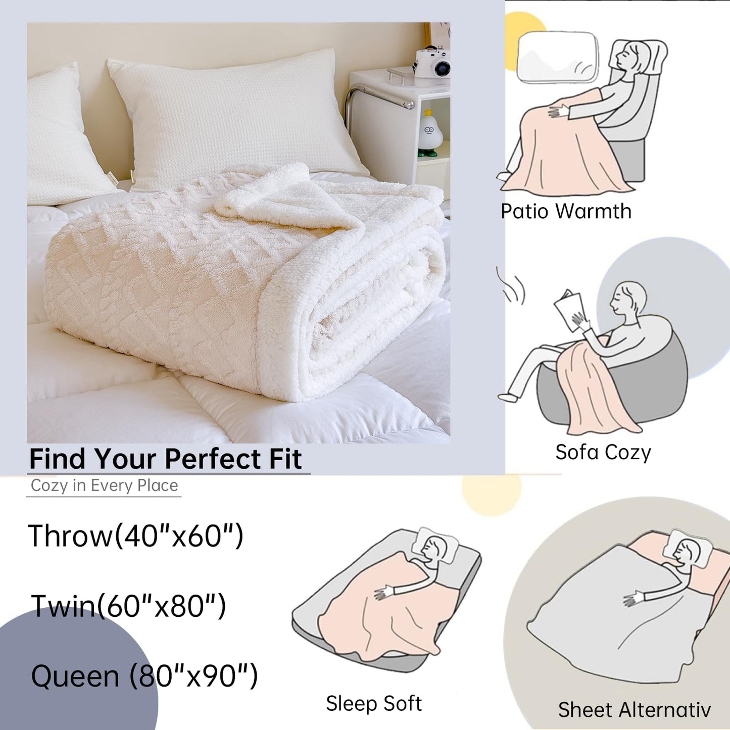 Queen Size Blanket for Bed,90"x90" Soft Warm Sherpa Fleece,White