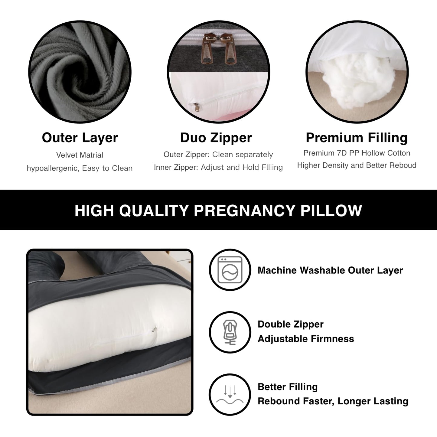 ALLOPERA 57 Inch Pregnancy Pillow for Sleeping, Full Body Support Pillow with Removable Washable Cover for Maternity Comfort, Black Grey Velvet Cover