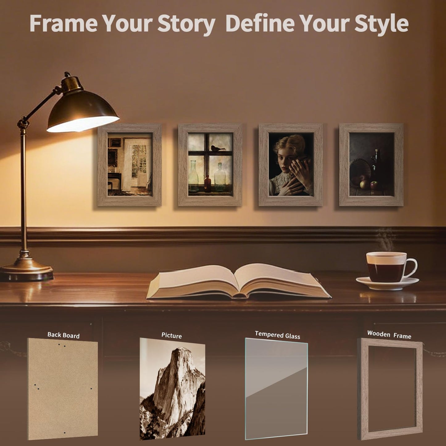 KissNow 5x7 Picture Frame 4 Pack, Walnut Wood 7x5 Frame, Tempered Glass, Vertical or Horizontal Tabletop Display for Photos & Art Prints